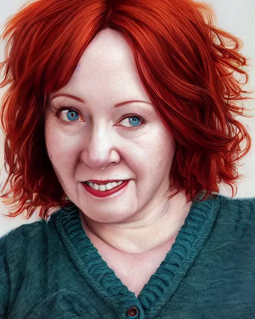 Prompt: portrait of happy short and plump 5 0 - year - old woman with red hair and, kind face, round face, short hair, molly weasley, wearing in cardigan, hyper realistic face, beautiful eyes, character art, art by mark brooks, hyperdetailed, cryengine, trending on artstation, digital art