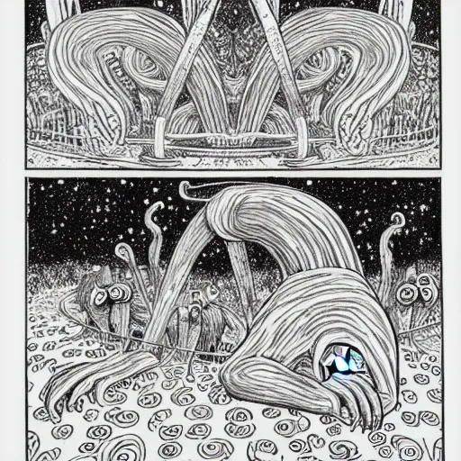 Prompt: black and white trippy comic art of a sloth riding a merry go round, lots of particles, drawn by Martin Rowson, Tim Burton, Studio Ghibli, Alex Pardee, Nekro Petros Afshar, James McDermott, cgsociety 4K