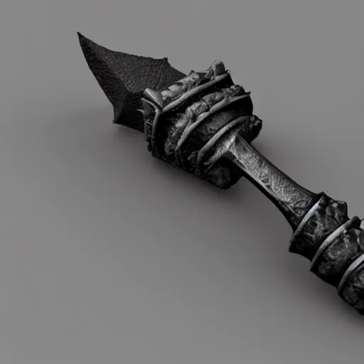 Image similar to a black sword skull handle, ornament, weapon, a 3 d render by dom qwek, studio lighting, front side view, trending on polycount, futurism, hard surface modeling, rendered in maya, 3 ds max, blender, artstation hd, vray