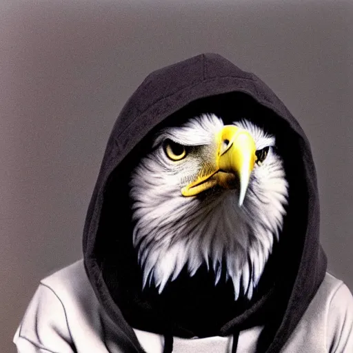 Image similar to close-up shot of a eagle wearing hoodie in 80s, funny, Polaroid photo, by Warhol