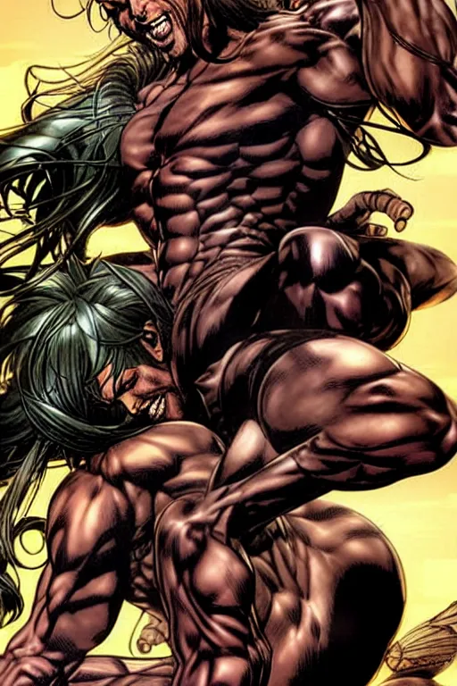 Image similar to character art by mike deodato, man with cat ears, absolute chad