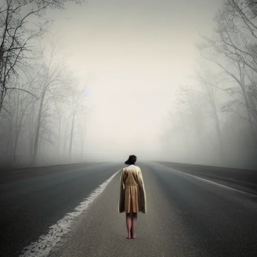 Prompt: a woman standing in the middle of a road, an album cover by Gregory Crewdson, trending on deviantart, environmental art, creative commons attribution, photo, demonic photograph