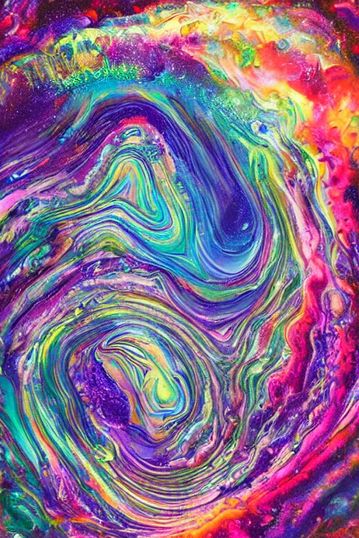 Image similar to ultra detailed acrylic pour fluid dynamics flow art a painting of a iridescent nebular with a colorful swirl shimmering with pearlescence, acrylic marbling art by sam spratt, rhads, deviantart, psychedelic art, psychedelic, cosmic nebula, chromatic