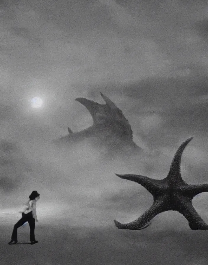 Image similar to a filmstill of a north korean monster movie, kaiju - eiga monster starfish - like trampling a traditional korean palace, foggy, film noir, video compression