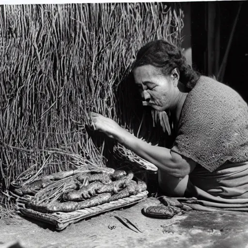 Image similar to a maori woman prepares weta bugs for eating outside her whare in the 1 9 4 0's.