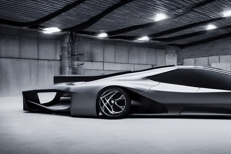 Image similar to A futuristic supercar made of a slick grey scaled metal, professional garage photograph.