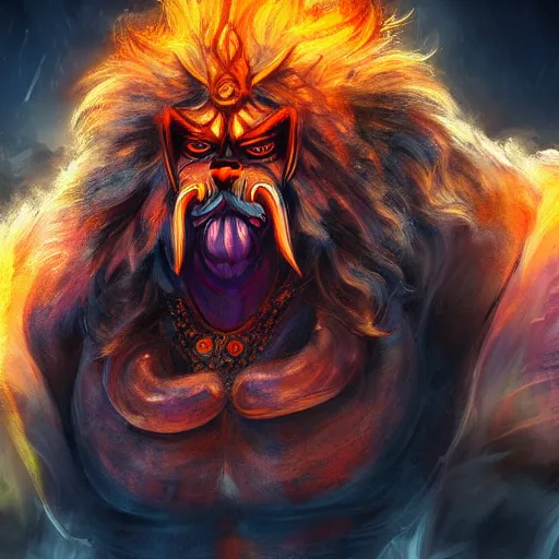 Image similar to narasimha, character concept, concept art, portrait, epic, trending on artstation, very detailed, 4 k, hd, dramtic lighting, flowing energy, colorful, glow, volumetric lighting