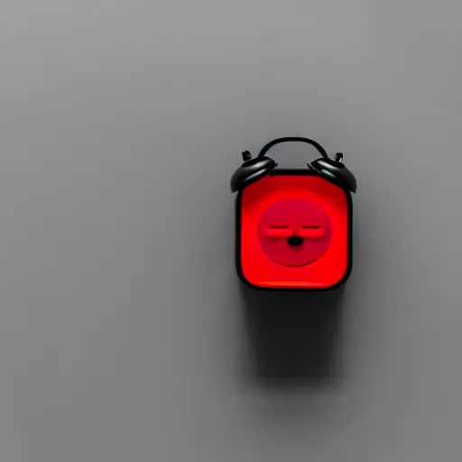 Image similar to Very tiny red alarm clock that looks like the iOS emoji and has the same colors, 3D clay render, 4k UHD, white background, isometric top down left view, diffuse lighting, zoomed out very far