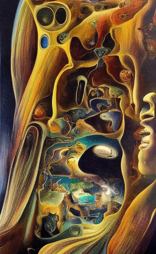 Prompt: the dreamscape of ancient technology, the fever dream of eternal singularity, illusions, oil on canvas painting, beautiful details, incredible shading, in the style of salvador dali