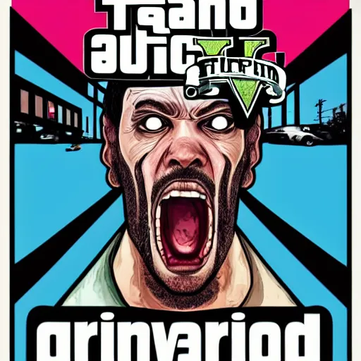 Image similar to upset delusional trippy conspiracy theorist person illustrated in the style of a GTA V poster, detailed, closeup