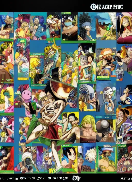 Image similar to one piece character epic pose, skills, artstation, cinematic lighting, character design with trading card ui and ornate border frame