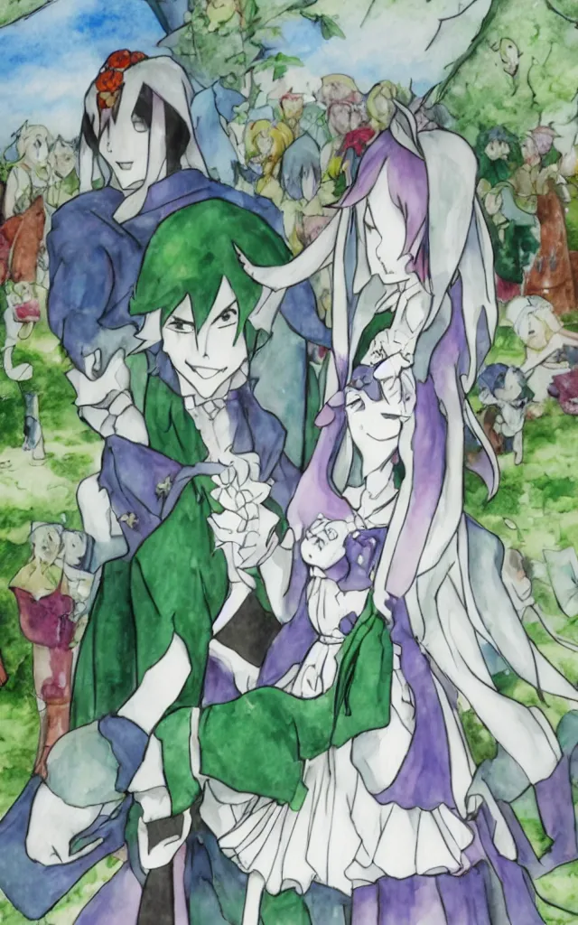 Image similar to jester getting married to my Gardevoir anime waifu, anime beautiful scene in a church, high quality upload, watercolour painted background, wedding, highly rated anime animation