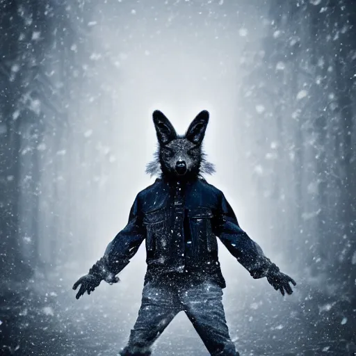 Image similar to an award winning National Geographic picture of a black Jackal wearing a denim Jacket in the snow by Lee Jeffries, 85mm ND 5, perfect lighting in a snow storm