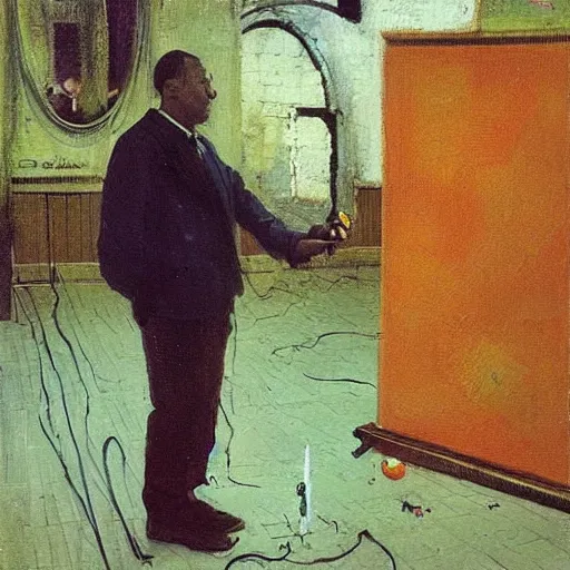 Image similar to A conceptual art. A rip in spacetime. Did this device in his hand open a portal to another dimension or reality?! by David Driskell, by Frits Thaulow perspective