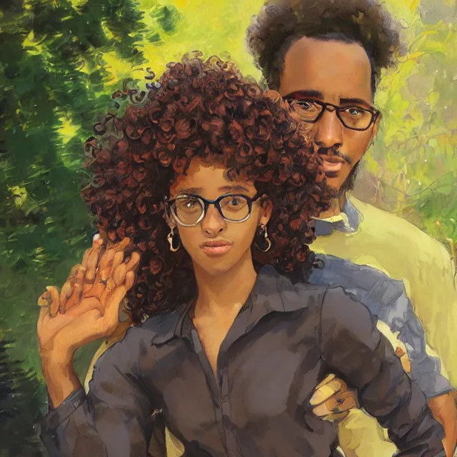 Prompt: 2 0 year old black woman with curly hair, beside a 2 0 year old ethiopian man with glasses, outside of a new home, portrait, elegant, intricate, digital painting, artstation, concept art, smooth, sharp focus, illustration, art by konstantin korovin and daniel f. gerhartz and john howe