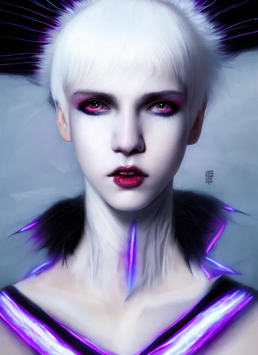 Image similar to whitebangs, black hair, black cyberlox, portrait of white teenage girl, normal face, white bangs, fluffy bangs, cyberlox, whitebangs, red contact lenses, purple background, intricate, elegant, highly detailed, digital painting, artstation, concept art, sharp focus, smooth, illustration, art by wlop, mars ravelo and greg rutkowski