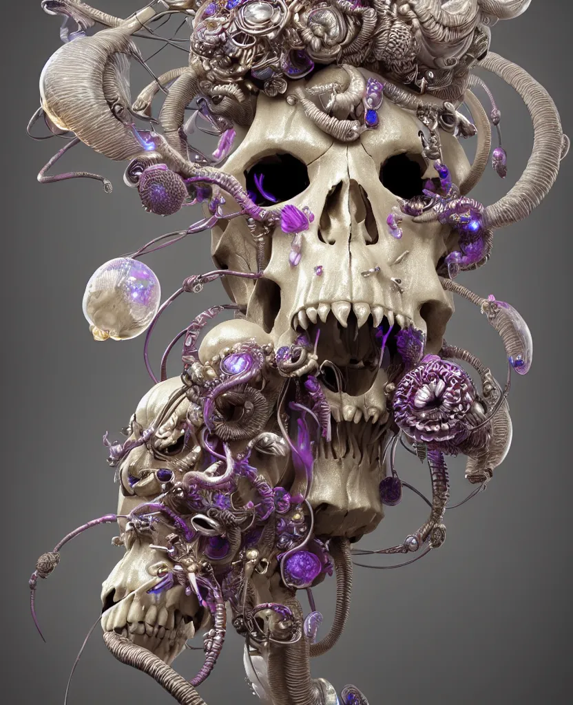 Prompt: goddess princess face close-up portrait ram skull. sculpture made of neon lamps and metal. jellyfish phoenix head, nautilus, orchid, skull, betta fish, bioluminiscent creatures, intricate artwork by Tooth Wu and wlop and beeple. octane render, trending on artstation, greg rutkowski very coherent symmetrical artwork. cinematic, hyper realism, high detail, octane render, 8k