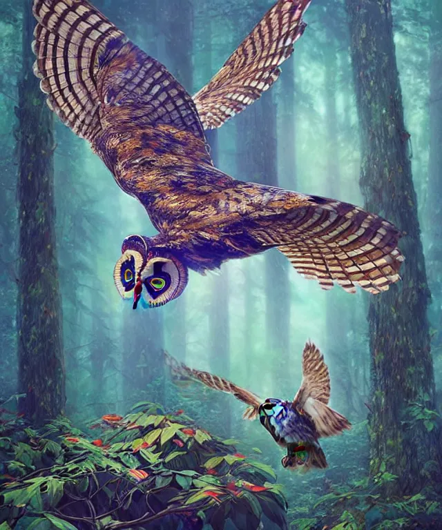 Prompt: a single realistic owl, flying in a psychedelic forest, wide angle landscape shot, pixar style by tristan eaton, artgerm and tom bagshaw