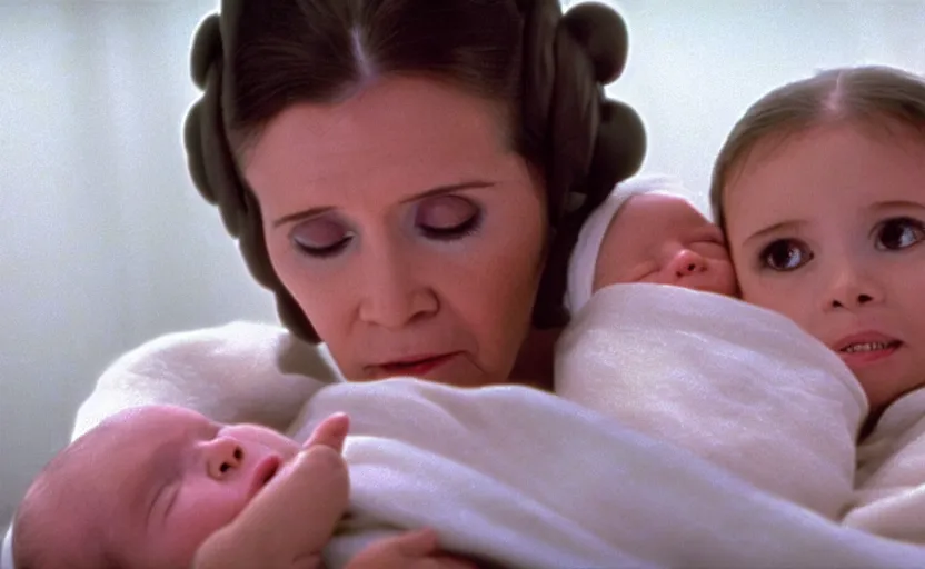 Image similar to screenshot of Princess Leia Organa holding a new born baby in a swaddle, Han Solo watches, iconic scene from 1980s Star Wars film directed by Ridley Scott, in a sci fi nursing home architecture, last jedi, 4k HD sharp, cinematic still frame, photoreal, detailed face, moody lighting, stunning cinematography, anamorphic lenses, kodak color film stock