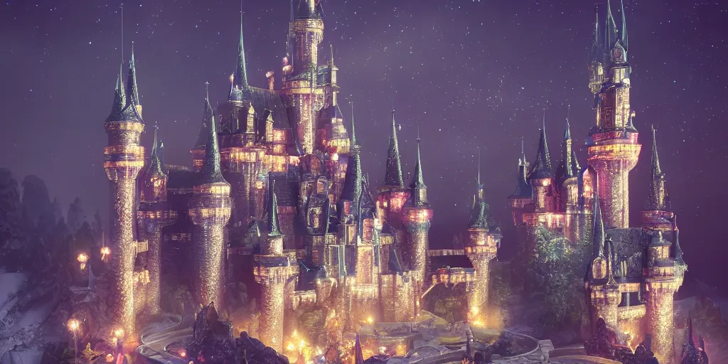 Image similar to a glittering fantasy castle at night, extremely detailed, Behrens style, digital art, octane render, beautiful composition, trending on artstation, masterpiece