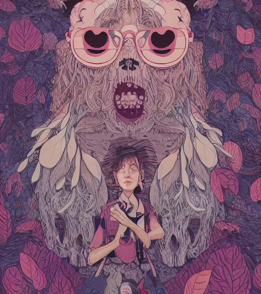 Image similar to portrait, nightmare anomalies, leaves with a dog by miyazaki, violet and pink and white palette, illustration, kenneth blom, mental alchemy, james jean, pablo amaringo, naudline pierre, contemporary art, hyper detailed