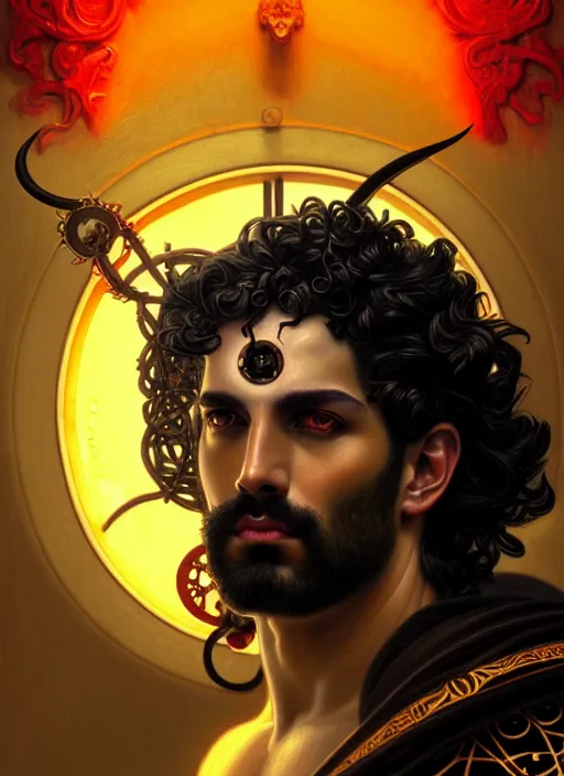 Image similar to portrait of greek god ares, black curly hair, glowing eyes, volumetric lights, yellow red scheme, art nouveau botanicals, gothic, intricate, highly detailed, digital painting, artstation, concept art, smooth, sharp focus, symmetric face, illustration, steampunk, art by artgerm and greg rutkowski and alphonse mucha