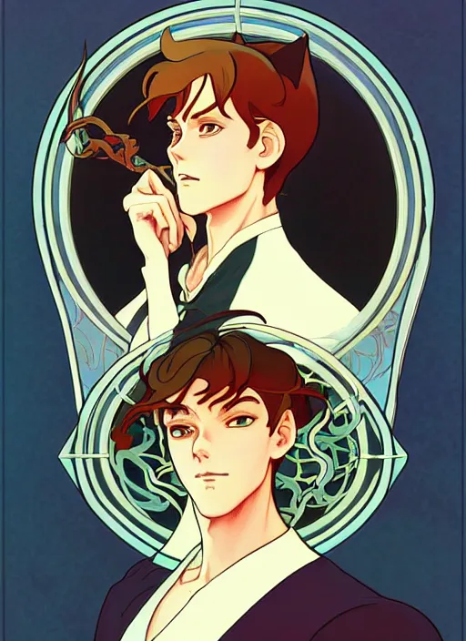 Prompt: art nouveau portrait of catboy, natural lighting, path traced, highly detailed, high quality, cartoon, digital painting, by don bluth and ross tran and studio ghibli and alphonse mucha