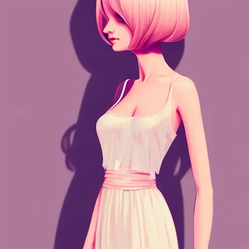 Image similar to adult female in summer dress art, pastel light pink very long hair, muted colors, matte print, pastel colors, ornate, digital art, digital painting, fan art, elegant, artstation, head is centered, by Ilya Kuvshinov