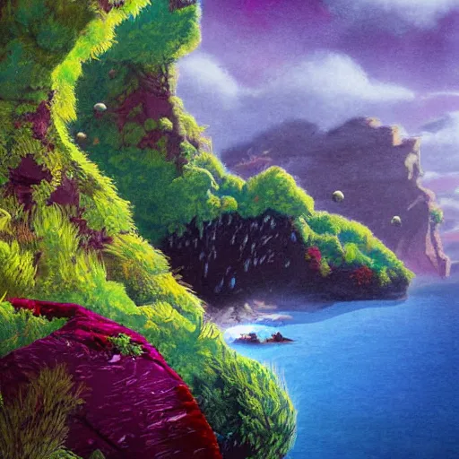 Image similar to illustration of a lush natural scene on an alien planet by brian millar. beautiful landscape. colourful weird vegetation. cliffs and water.