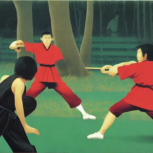 Prompt: kung fu masters tournament match, takehiko inoue, tatsuro kiuchi, ilya kuvshinov, by henri rousseau, by greg hildebrandt