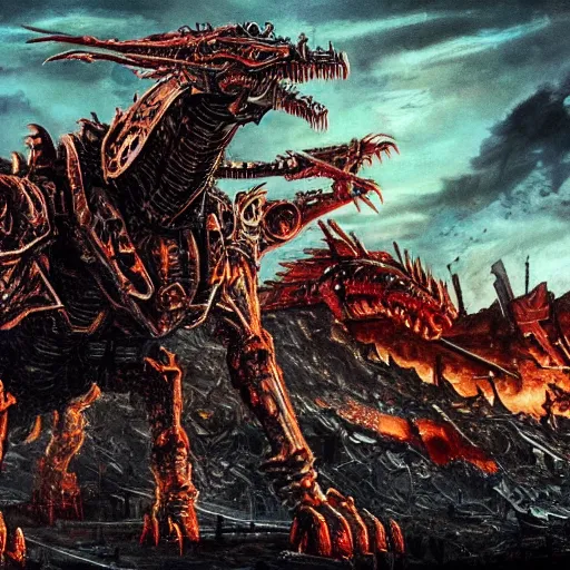 Image similar to high quality art of a giant mechanized dragon in an apocalyptic future, made of plates and armor throughout the body, having 4 limbs and 4 talons on each foot, and glowing fiery red eyes, climbing over a destroyed building in a hazy radioactive atmosphere, roaring with an epic pose into the air as the building crumbles under the weight, showing lots of sharp teeth. furaffinity, deviantart, artstation, high quality