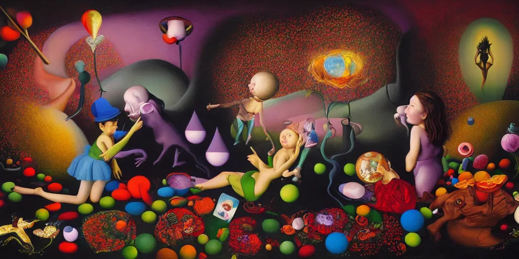 Image similar to the three imaginary fates pleasure dream adventure love abstract oil painting by gottfried helnwein pablo amaringo raqib shaw