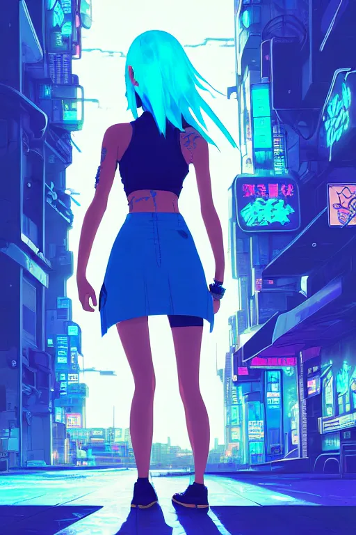 Prompt: digital illustration of cyberpunk pretty girl with blue hair, wearing a short mini skirt and tank top, with a cyberpunk dragon in city street at night, by makoto shinkai, ilya kuvshinov, lois van baarle, rossdraws, basquiat