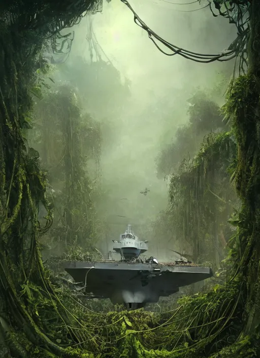 Image similar to decayed aircraft carrier USS Nimitz laying on the ground overgrown with vegetation and hanging vines, post apocalyptic, tropical forest, by Luis Royo, by Greg Rutkowski, low angle shot, dark, gritty, intricate, cover illustration, concept art, volumetric lighting, volumetric atmosphere, sharp focus, octane render, trending on artstation, 8k