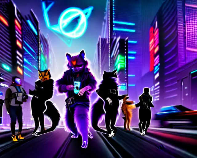 Image similar to high - resolution photograph from a cyberpunk era furry fandom convention ( midwest furfest 2 0 4 7 ), taking place after the genetic revolution and quantum singularity. photorealistic.