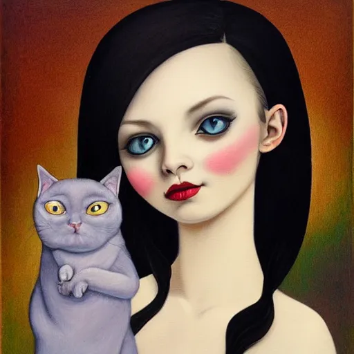 Prompt: a painting of a woman holding a cat, a character portrait by mark ryden, featured on deviantart, gothic art, tarot card, deviantart, gothic