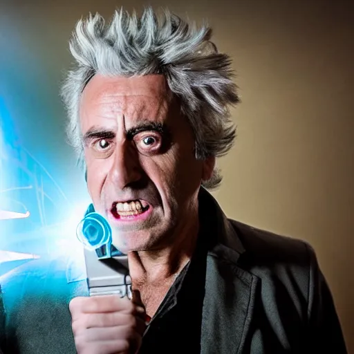 Image similar to Rick Sanchez as a real-life person, studio portrait, real-life-action movie star, holding a portal gun, opening a portal, Rick Sanchez