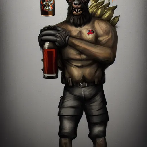 Image similar to a humanoid german shepherd beast - man in military style, holding a bottle of beer, artstation, concept art, smooth, sharp foccus ilustration, artstation