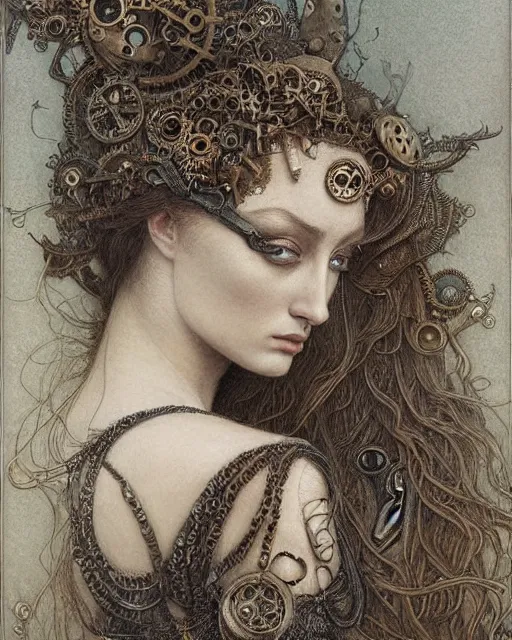 Prompt: in the style of beautiful sophie turner, steampunk, detailed and intricate by jean delville, gustave dore and marco mazzoni, symbolist, visionary, gothic, pre - raphaelite