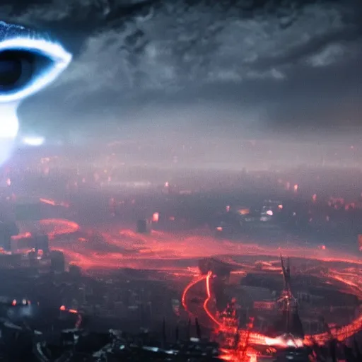 Prompt: the eye of sauron looking over mordor, except the eye is alex jones, cinematic lighting, realistic, 4 k