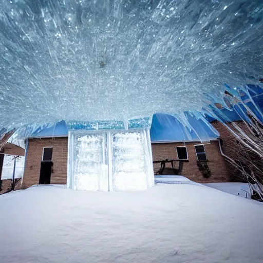 Image similar to a living room, frozen, covered completely in ice