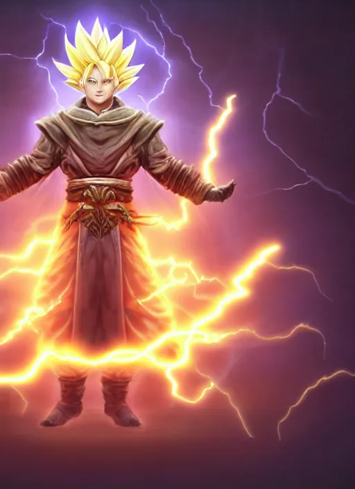 Prompt: portrait of an athletic male sorcerer casting a lightning spell and going super saiyan as a diablo 3 character, looking at camera, his robe is infused with lightning bolts, D&D, lightning master, short hair, intricate, elegant, stylish, cute smile, fantasy, extremely detailed, digital painting, artstation, concept art, smooth, sharp focus, illustration, ambient lighting, art by artgerm and greg rutkowski and alphonse mucha and simon stalenhag