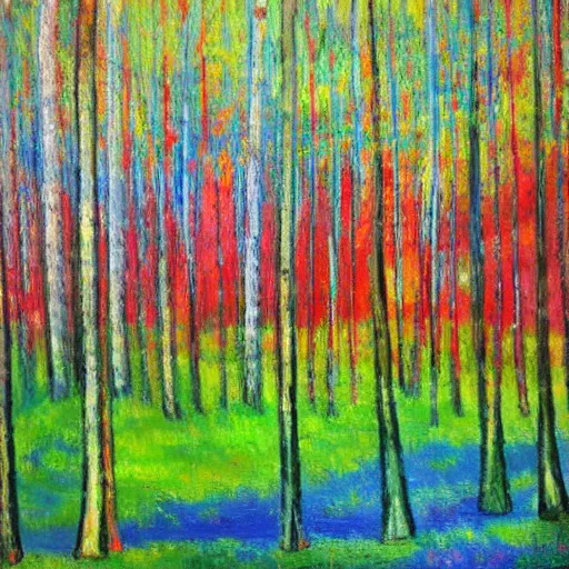 Prompt: a forest with green, blue, red tree trunks. acrylic of canvas, impressionist painting