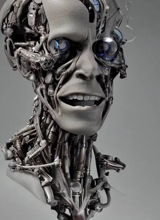 Image similar to a bust sculpture of anatomical detailed cyborg, willem dafoe, blue blood, become human, ceramic base, orthographic, studio lighting