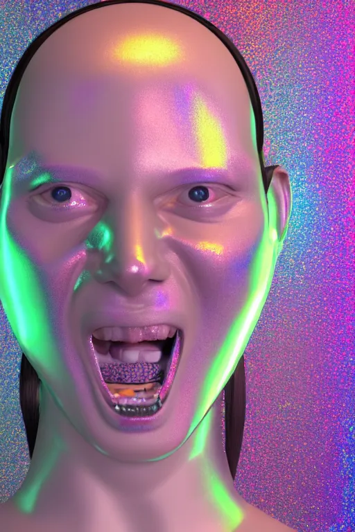 Image similar to 3d render of holographic angry human robotic screaming angry bust made of glossy iridescent, screaming, bust, surrealistic 3d illustration of a human non-binary, non binary model, 3d model human, cryengine, made of holographic texture, holographic material, holographic rainbow, concept of cyborg and artificial intelligence