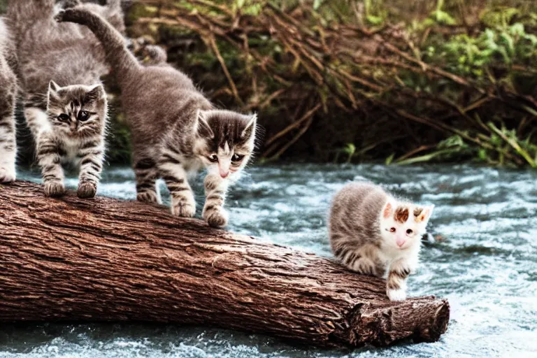 Image similar to kittens walking on a log that crosses a river