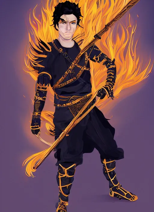 Image similar to An Artstation drawing style of a young man wearing a black scale ninja outfit with golden details, no mask, wavy golden hair and blue eyes. He is holding a golden bo staff. He is in a fiery desert with a blue sky.