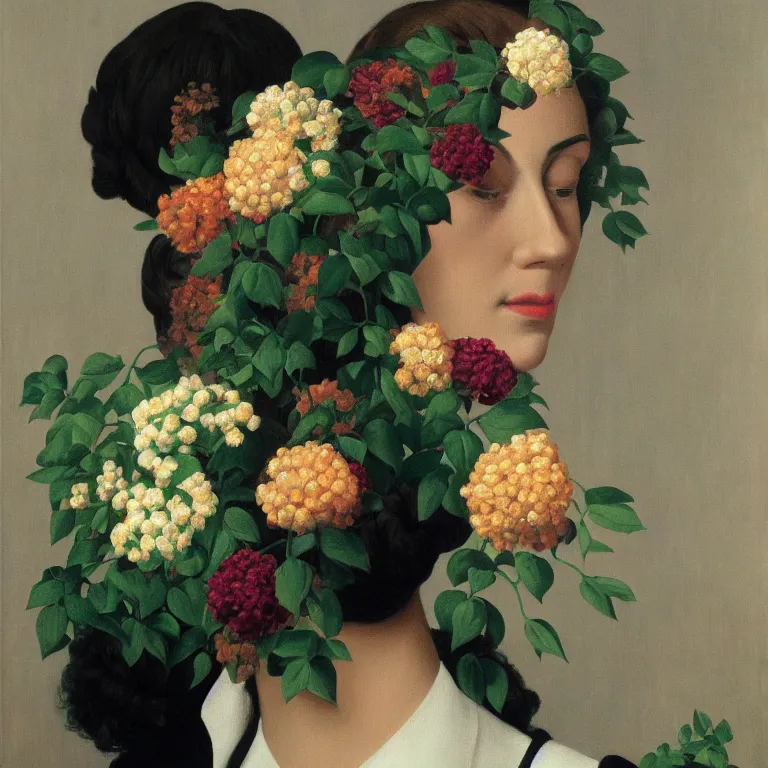 Prompt: portrait of a woman, face hidden by beautiful flower bouquet, by rene magritte, detailed painting, hd, hq, high resolution, high detail, 4 k, 8 k