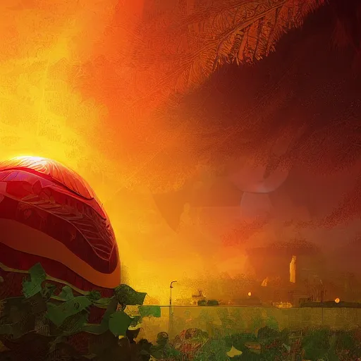 Prompt: optimism, the solarpunk phoenix, red bird, ornate egg, regeneration, landscape, epic composition, volumetric light, bokeh, digital painting by ilya kuvshinov and by gauthier leblanc