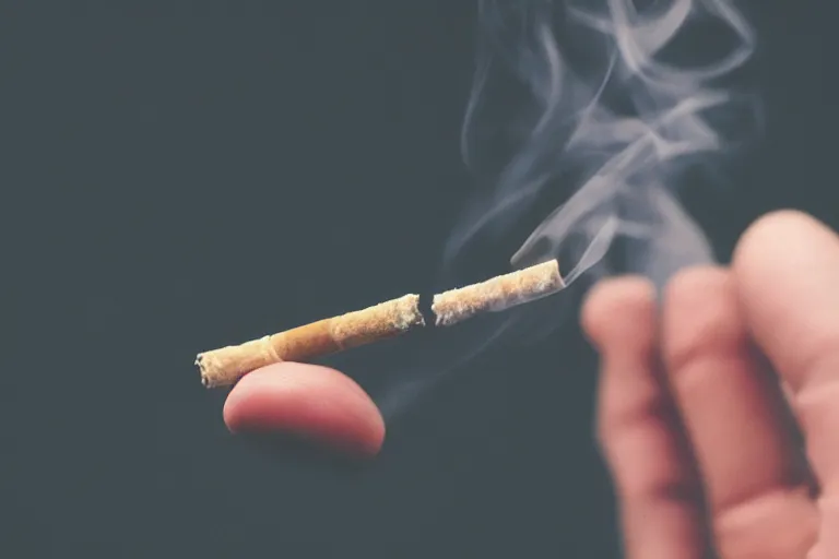 Image similar to Close-up photo of thin soft hand holding cigarette with smoke, hyper realistic